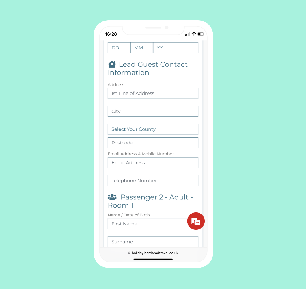 Barrhead Travel booking form displayed on a phone sat on a green background.
