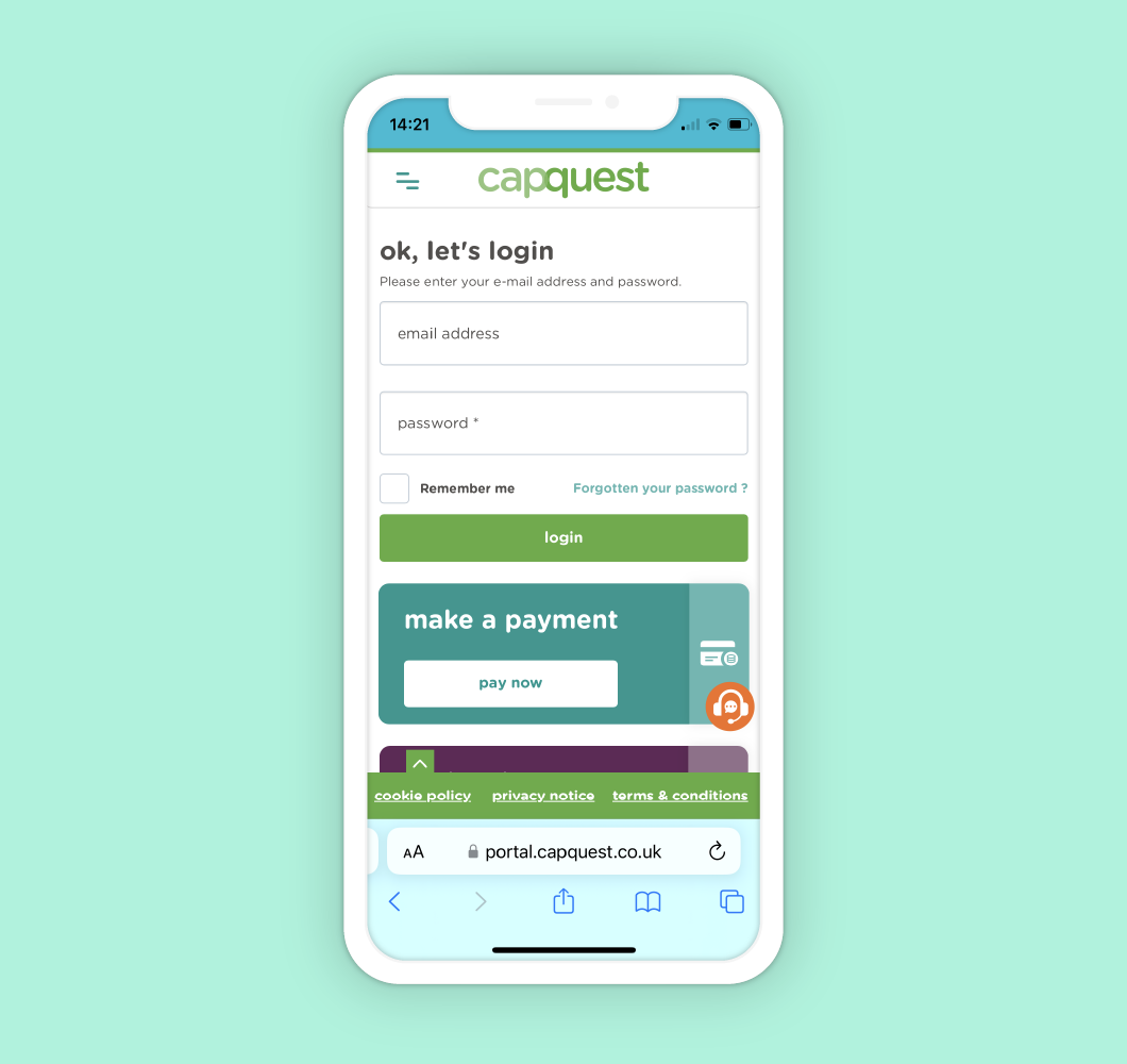 Capquest portal login screen