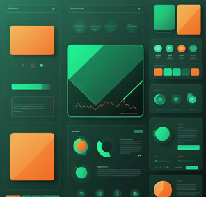 An illustration of a digital dashboard heavely themed with forrest green and orange accents.