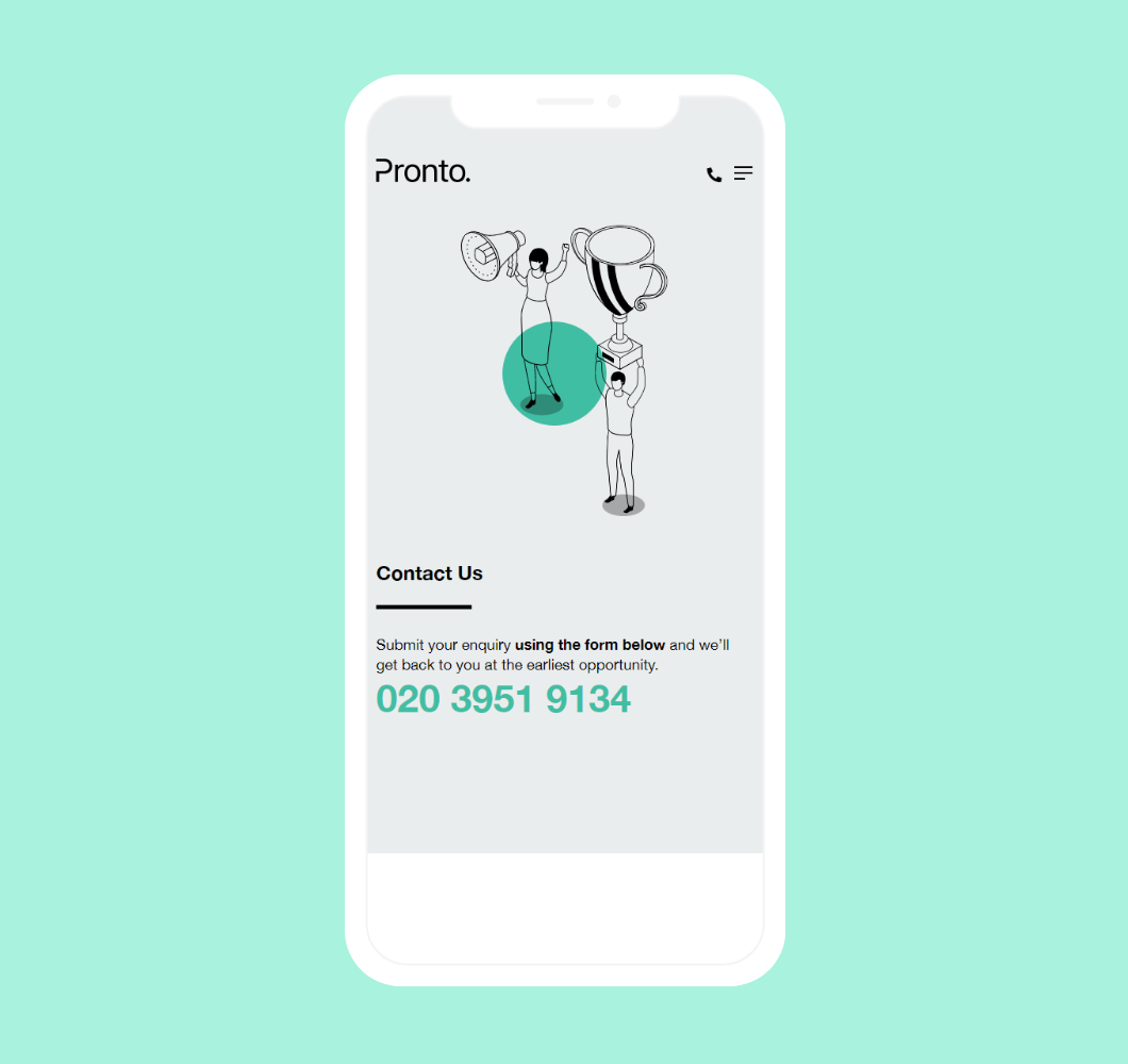 Lead Pronto contact form displayed on a phone sat on a green background.