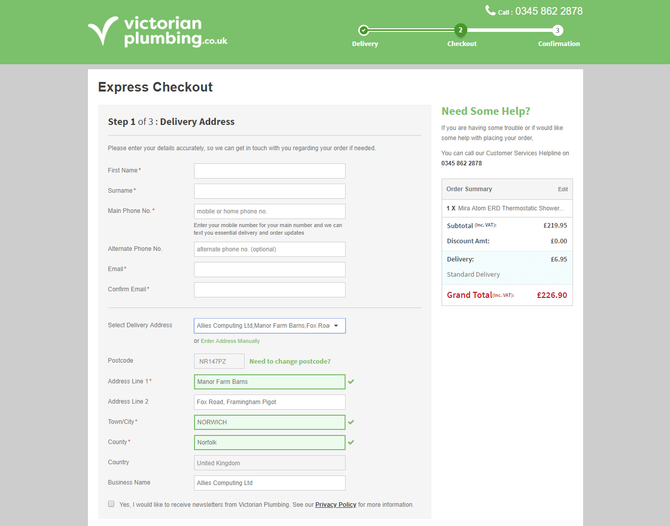 A screenshot of Victorian Plumbing's checkout page